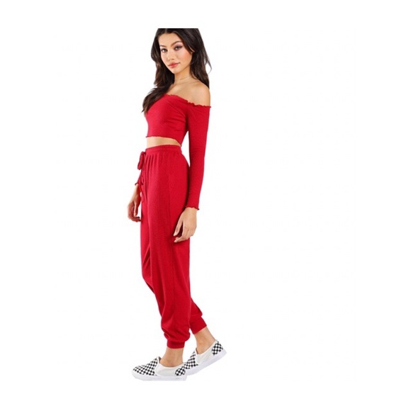 2 PIECES TUBE CROP TOP/ DRAWSTRING TERRY PANTS SET - Picture 3 of 8